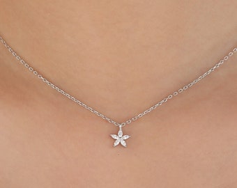 Tiny CZ Flower Necklace in Sterling Silver, Silver or Gold, CZ Flower Necklace, CZ Cluster Floral Necklace