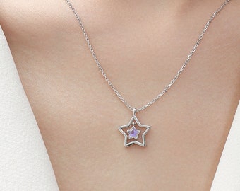 Moonstone Star Pendant Necklace in Sterling Silver, Silver or Gold, Open Star Halo Necklace with Simulated Moonstone, Lab Moonstone Star