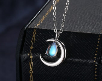Collana con ciondolo a forma di luna e goccia in pietra di luna in argento sterling, argento o oro o oro rosa, pietra di luna a forma di stella, luna e sole, faccia di luna