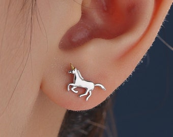 Unicorn Stud Earrings in Sterling Silver, Partial Gold Plate, Unicorn Earrings, Unicorn Horse Earrings, Unicorn Stud