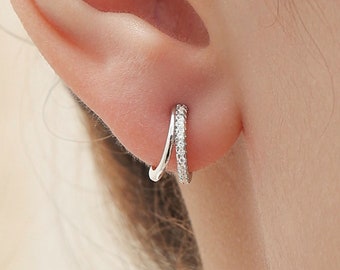 Double Hoop Effect Earrings in Sterling Silver, CZ Pave Hoop Earrings, Silver, Gold, Rose Gold, Dainty and Delicate