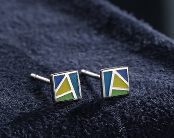 Enamel Square Stud Earrings in Sterling Silver,  Hand Painted Enamel Square Earrings, Stained Glass Inspired Square Stud