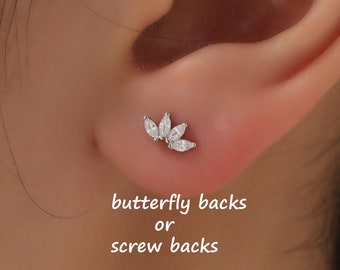 Boucles d'oreilles fleur de lotus CZ à fond vissé ou en argent sterling, argent ou or, boucles d'oreilles avec haltères CZ marquise fleur, boucles d'oreilles piercing