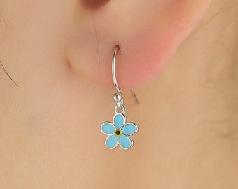 Sterling Silver Enamel Forget-me-not Flower Drop Hook Earrings, Dainty Dangle Forget Me Not Flower Earrings