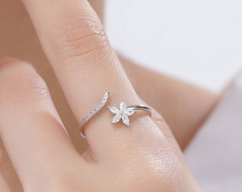 CZ Flower Open Ring in Sterling Silver, Silver or Gold