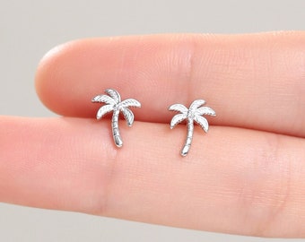 Sterling Silver Tiny Palm Tree Stud Earrings Earrings, Silver or Gold or Rose Gold, Small Palm Tree Earrings, Coconut Tree