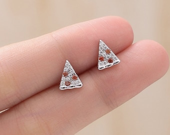 Tiny Pizza Slice CZ Stud Earrings in Sterling Silver, Silver Gold, Pizza Stud Earrings, Pizza Earrings, Silver Pizza Earrings