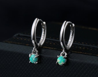 Tiny Aqua Green Opal Huggie Hoop Earrings in Sterling Silver, 3mm Lab Moonstone Hoops, Silver or Gold or Rose Gold, Lab Opal Earrings