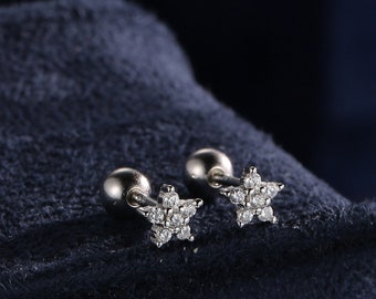 Very Tiny Flower CZ Screw Back Earrings in Sterling Silver, Forget Me Not Floral CZ Earrings, Silver or Gold, Flower CZ Earrings