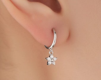 Extra Tiny CZ Flower Huggie Hoop Earrings in Sterling Silver, Silver or Gold or Rose Gold, CZ Flower Earrings, Small CZ Flower Huggies