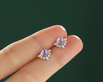 Vintage Inspired Moonstone Flower CZ Stud Earrings, Lab Moonstone Halo CZ Earrings, Simulated Moonstone Earrings