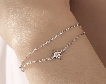 Starburst Two Layer Bracelet in Sterling Silver, Silver or Gold or Rose Gold, Double Layer Star Bracelet, Starburst Duo Layer Bracelet