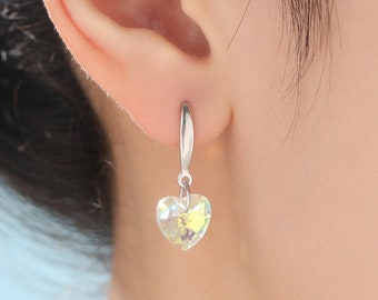 Colour Changing Green CZ Heart Drop Dangle Earrings in Sterling Silver, Silver or Rose Gold, Blue Crystal Heart Earrings