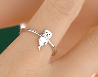 Süßer kleiner Otter-Ring, Sterlingsilber, einstellbare Größe, niedlicher Otter-Schmuck, zierlich und zart, Otter-Ring