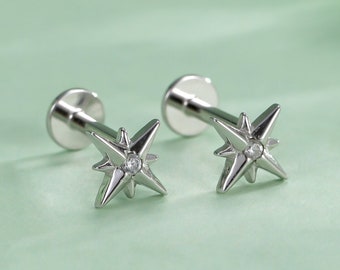 Tiny CZ Starburst 16G Internally Threaded Flat Back Earrings in Sterling Silver