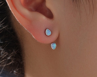 Blue Opal Droplet Ear Jacket in Sterling Silver,  Silver or Gold, White Opal Pear Bezel Earrings, Front and Back Earrings