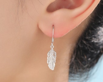 Sterling Silver Feather Drop Hook Earrings, Silver or Gold or Rose Gold, Delicate Feather Dangle Earrings,  Nature Inspired