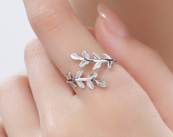 Sterling Silver Olive Leaf Ring, Adjustable Sized Ring, Friendship Ring,  Olive Branch Nature Inspired Jewellery US 5 - 8