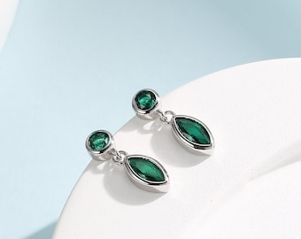 Tiny Emerald Green Double CZ Stud Earrings in Sterling Silver with Round and Marquise CZ, Silver or Gold, Bezel Set Earrings