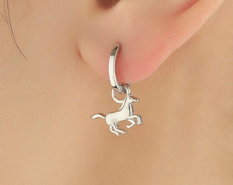 Sterling Silver Cute Horse Dangle Huggie Hoops, Detachable Horse Hoop Earrings, Dainty Dangle Earrings, Horse Earrings