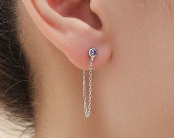 Veste d’oreille à chaîne CZ violette en argent sterling, argent ou or, boucles d’oreilles avant et arrière, boucles d’oreilles en deux parties, CZ avec boucles d’oreilles à chaîne de liaison