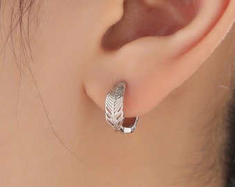 Tiny Feather Huggie Hoop Earrings in Sterling Silver, Silver or Gold or Rose Gold,  Wing Earrings, Wing Feather Dangle Hoops, Angel Hoops