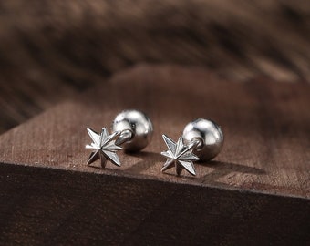 Tiny Starburst Screw Back Earrings in Sterling Silver, Silver or Gold or Rose Gold, Star Barbell Earrings, Sunburst Earrings