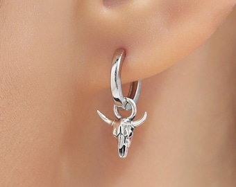 Tiny Bull Skull Huggie Hoop Earrings in Sterling Silver,  Bull Skull Earrings, Animal Skull Dangle Hoops, Animal Earrings