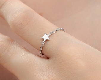 Sterling Silver Star Soft Ring, Adjustable Size Star Chain Ring, Silver or Gold Sparkling Silver Ring, Soft chain Ring in Sterling Silver