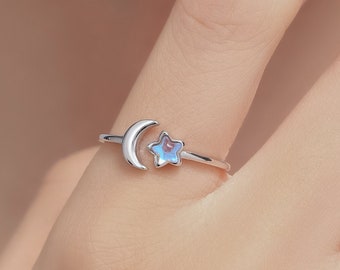 Sterling Silver Moonstone Star and Moon Ring, Simulated Moonstone Star and Moon Ring, Adjustable Size, Celestial Jewellery
