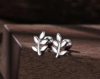 Boucles d'oreilles feuille délicates à visser en argent sterling - Argent or ou or rose - Boucles d'oreilles mignonnes, amusantes, fantaisistes, botaniques, boucles d'oreilles haltères