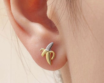 Tiny Banana Stud Earrings in Sterling Silver with Partial Gold Plate, Cute and Quirky Food Jewellery, Fruit Earrings, Banana Earrings