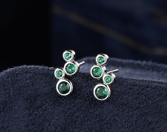 Emerald Green CZ Bubble Cluster Stud Earrings in Sterling Silver, Silver or Gold, Bezel CZ Cluster Earrings, CZ Wing Earrings, Mini Crawler