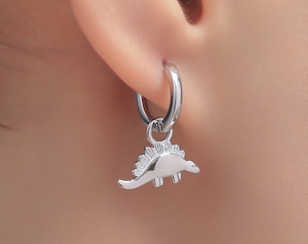 Sterling Silver Dinosaur Dangle Hoop Earrings, Silver, Gold or Rose Gold,  Stegosaurus Huggie Hoops, Interchangeable Charms, Detachable