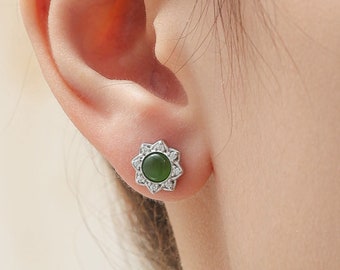 Vintage geïnspireerde Jade Flower CZ Stud Oorbellen, Jade Halo CZ oorbellen, natuurlijke Jasper Jade oorbellen, Jade CZ oorbellen