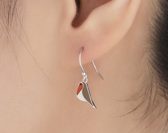 Enamel Robin Bird Drop Hook Earrings in Sterling Silver, Sterling Silver Enamel Robin Earrings, Nature Inspired