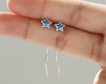 Aquamarine Blue Star Bezel CZ Crystal Threader Earrings in Sterling Silver, Silver or Gold, Minimalist Star Cut Ear Threaders