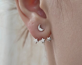 Moon and Star Ear Jacket in Sterling Silver, Three Star and Moon Earrings in Sterling Silver, Silver, Gold or Rose Gold, Front and Back