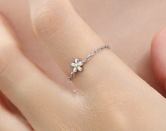 Sterling Silver Forget Me Not Flower Soft Ring, Adjustable Size Flower Chain Ring, Soft chain Ring in Sterling Silver