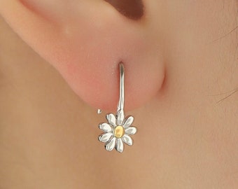Sterling Silver Daisy Flower Drop Hook Earrings, Two Tone Finish, Daisy Earrings, Minimalist Daisy Earrings