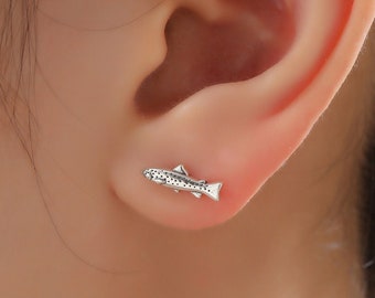 Trout Fish Stud Earrings in Sterling Silver, Silver or Gold or Rose Gold, Trout Fish Earrings, Salmon Stud Earrings