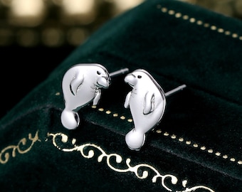 Manatee Stud Earrings in Sterling Silver, Nature Inspired Animal Earrings