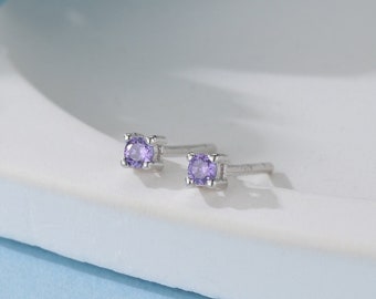 Extra Tiny 2mm Amethyst Purple CZ Stud Earrings in Sterling Silver, Silver or Gold, Barely Visible Stud Earrings, 2mm Purple Earrings