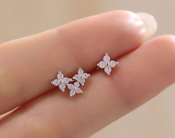 Asymmetric Hydrangea Flower Bouquet CZ Stud Earrings in Sterling Silver, Silver, Gold or Rose Gold, Mismatched Opal Pink Flower Earrings