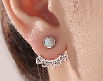 Fire Opal Lotus Ear Jacket in Sterling Silver, Lab Opal Lotus Jacket Earrings in Sterling Silver, Silver or Gold, Front and Back