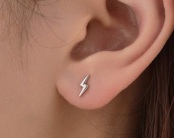 Lightning Bolt Stud Earrings in Sterling Silver, Silver or Gold, Delicate Stacking Earrings