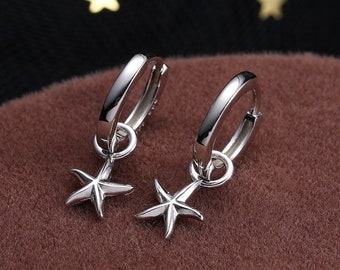 Starfish Huggie Hoop Earrings in Sterling Silver, Sea Star Huggie Hoops, Silver or Gold or Rose Gold,  Detachable Star Fish Hoops