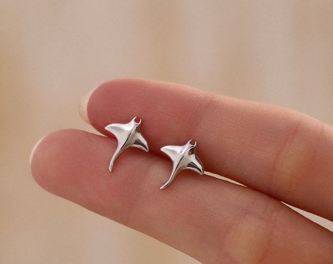 Sterling Silver Manta Ray Stud Earrings, Ocean Creature Fish Earrings, Cute and Quirky