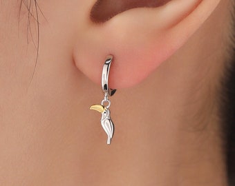 Super Cute Toucan Bird Huggie Hoop Earrings in Sterling Silver -  Cute Bird Hoop Earrings, Toucan Earrings