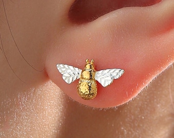 Orecchini a bottone a forma di ape in argento sterling, rivestimento parziale in oro, in argento sterling, orecchini a forma di ape bicolore, ispirati alla natura, orecchini a bottone a forma di ape